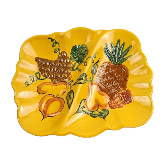 California Art Pottery Divided Platter Yellow/Orang/Fruit Hand Painted USA - Picture 2 of 3